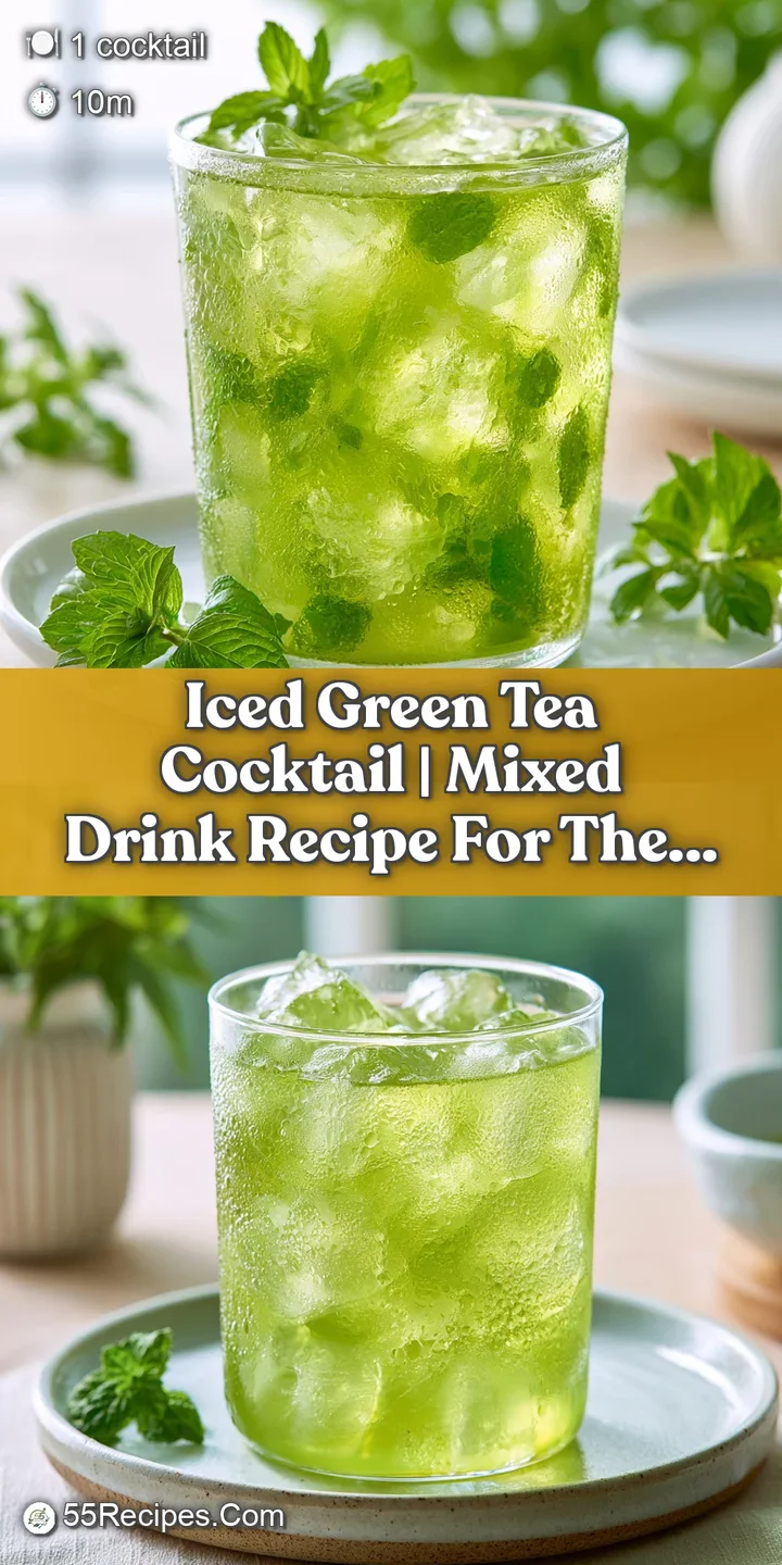Close-up of glistening condensation droplets on a chilled glass filled with pale green tea and clear ice cubes.