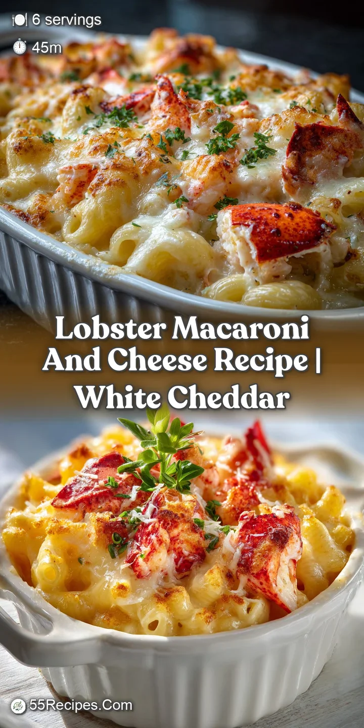 Close-up view of rich, cheesy lobster mac, highlighting the creamy sauce and perfectly cooked pasta shells, steaming and i...
