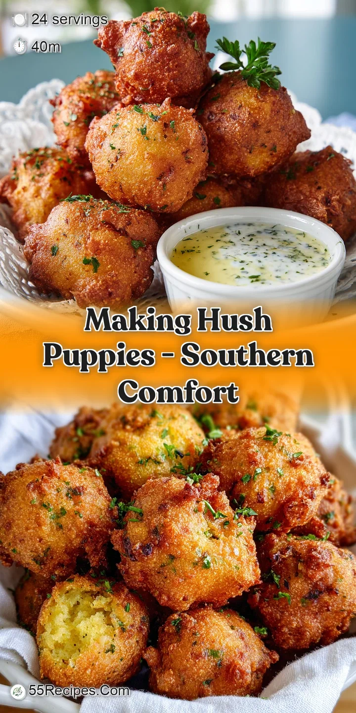 Close-up of a golden, crispy hush puppy, steam rising to meet the light. Cornmeal texture visible, promising a savory bite.