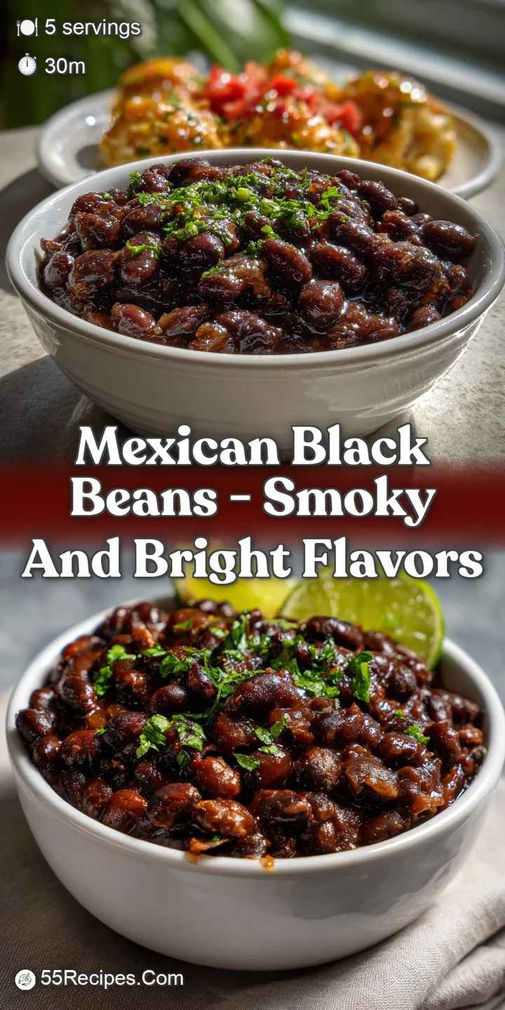 Close-up of glossy black beans glistening with oil and spices, a vibrant green cilantro garnish, and a burst of fresh lime...