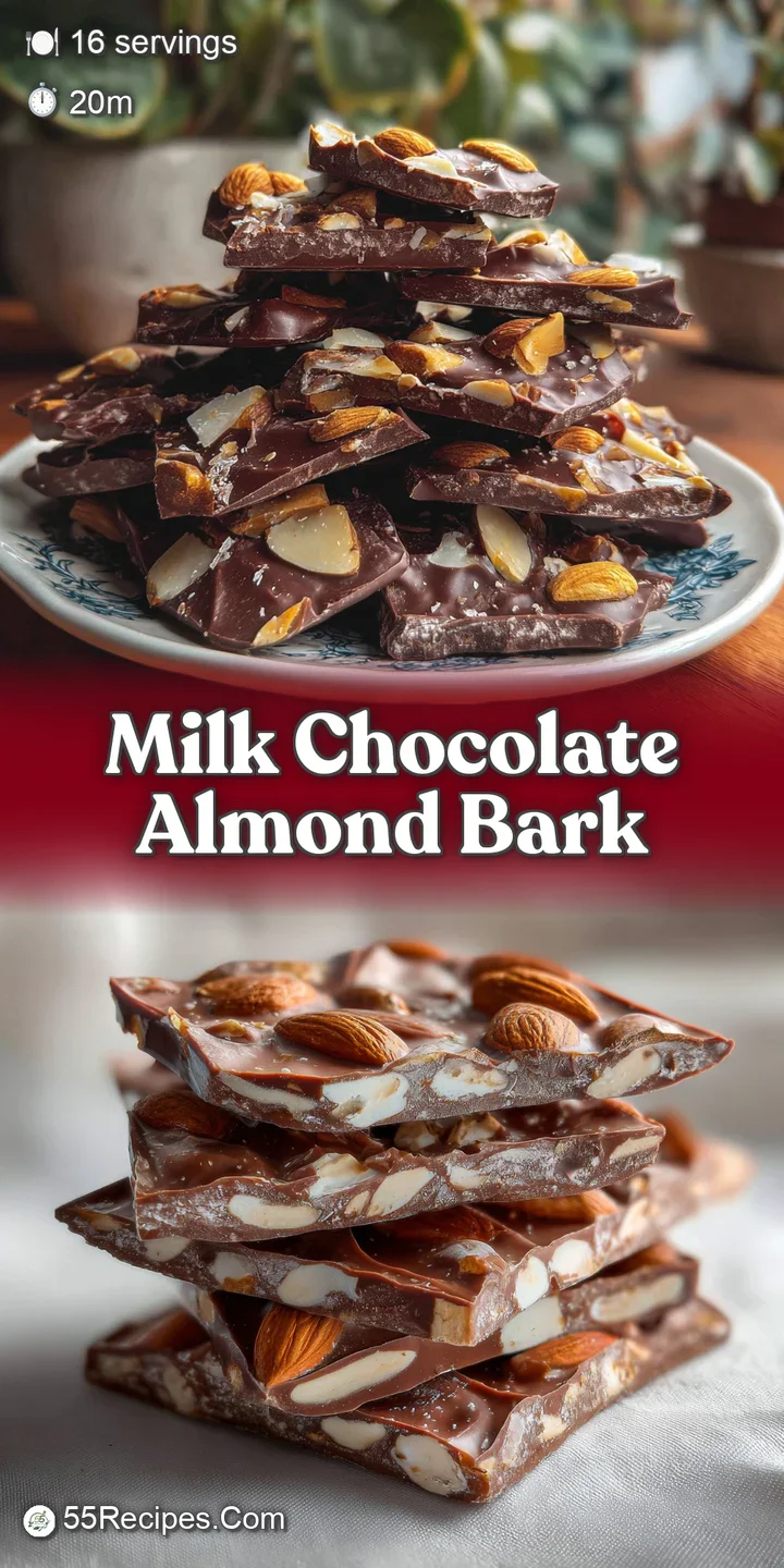 Close-up of milk chocolate almond bark; the smooth, glossy chocolate contrasts with the crunchy, golden-brown almonds.