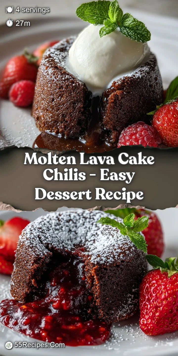 Close-up of a rich, dark chocolate lava cake with a decadent, flowing chocolate center. Steam rising above.