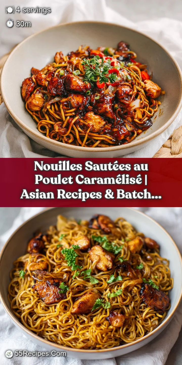 A close-up captures the glistening texture of tender chicken amidst a colorful tangle of noodles, hinting at warmth.