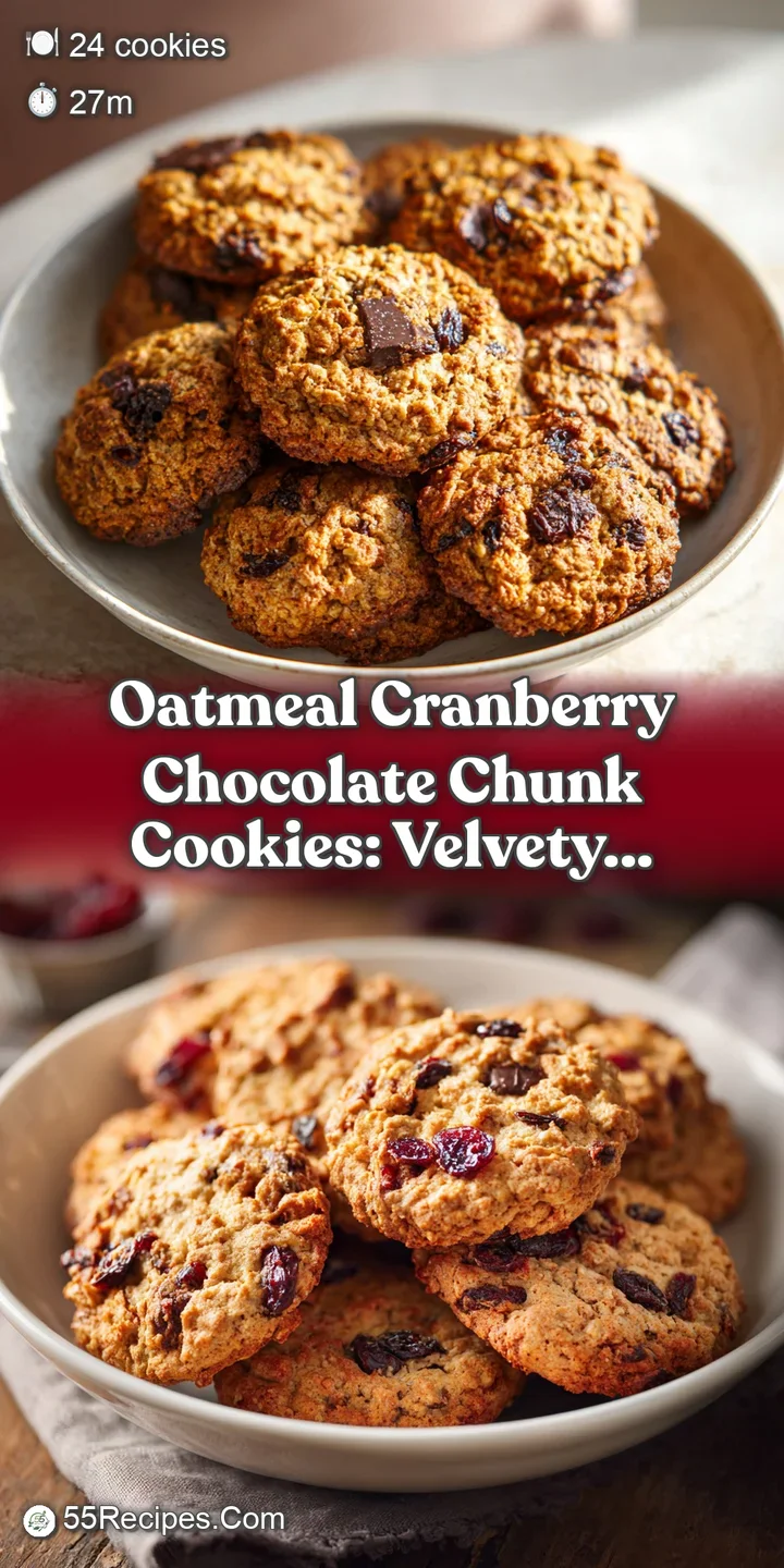 Close-up of a soft oatmeal cookie with chewy cranberries and glistening chocolate chunks. Warm, inviting, and slightly gooey.
