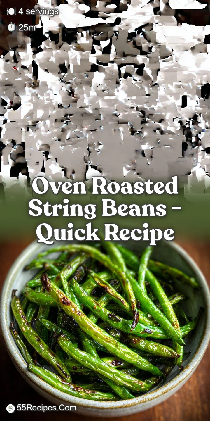 Close-up showcases the deep green hue and slightly wrinkled texture of oven-roasted string beans, glistening with oil and ...