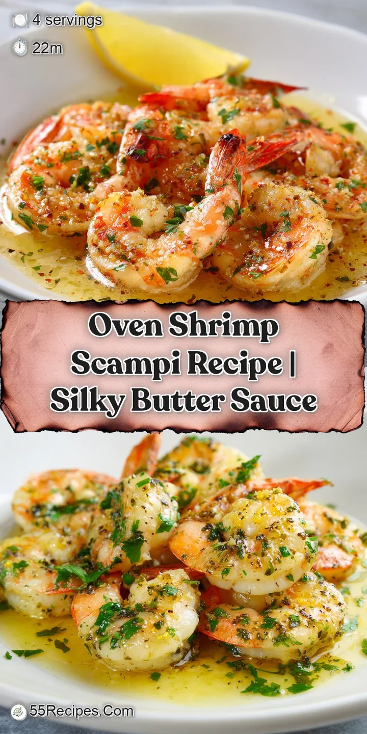Close-up of juicy shrimp scampi; a buttery, garlic sauce clings to each plump piece with flecks of red pepper & green herbs.