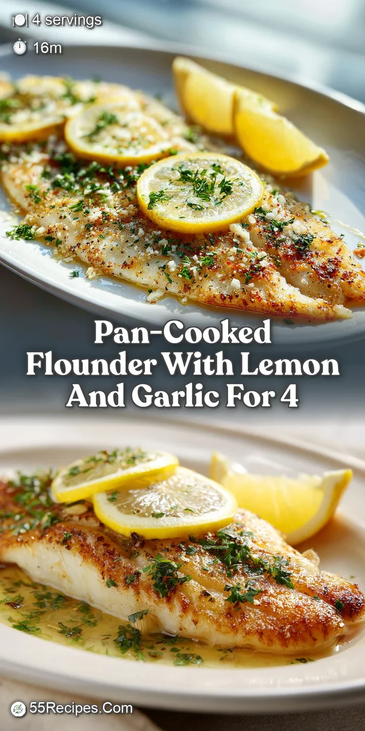 Close-up: Pan-cooked flounder's flaky white flesh shines with a vibrant lemon-garlic sauce, flecks of herbs, perfectly coo...