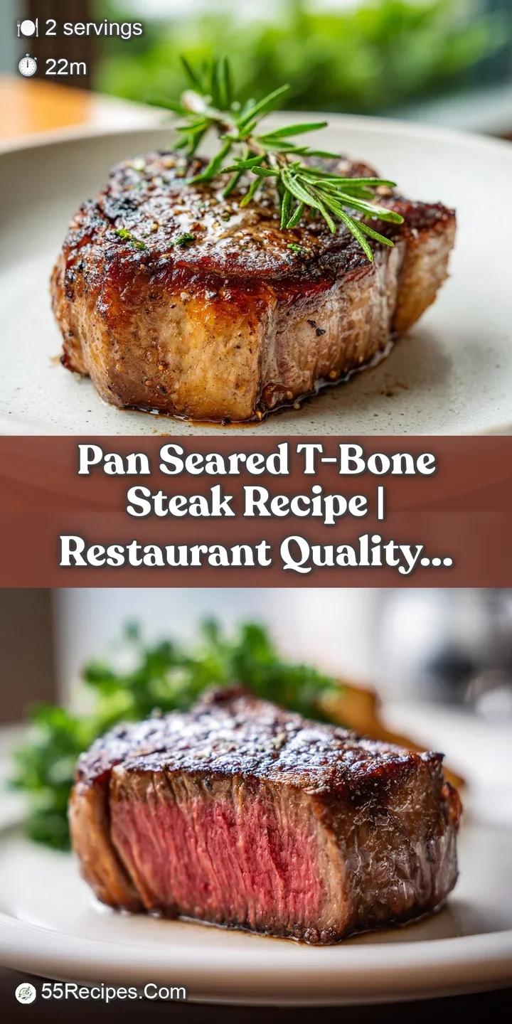 Juicy close-up of seared T-bone steak. Visible marbling, crusty edges, and fresh herbs scattered on top invite a delicious...