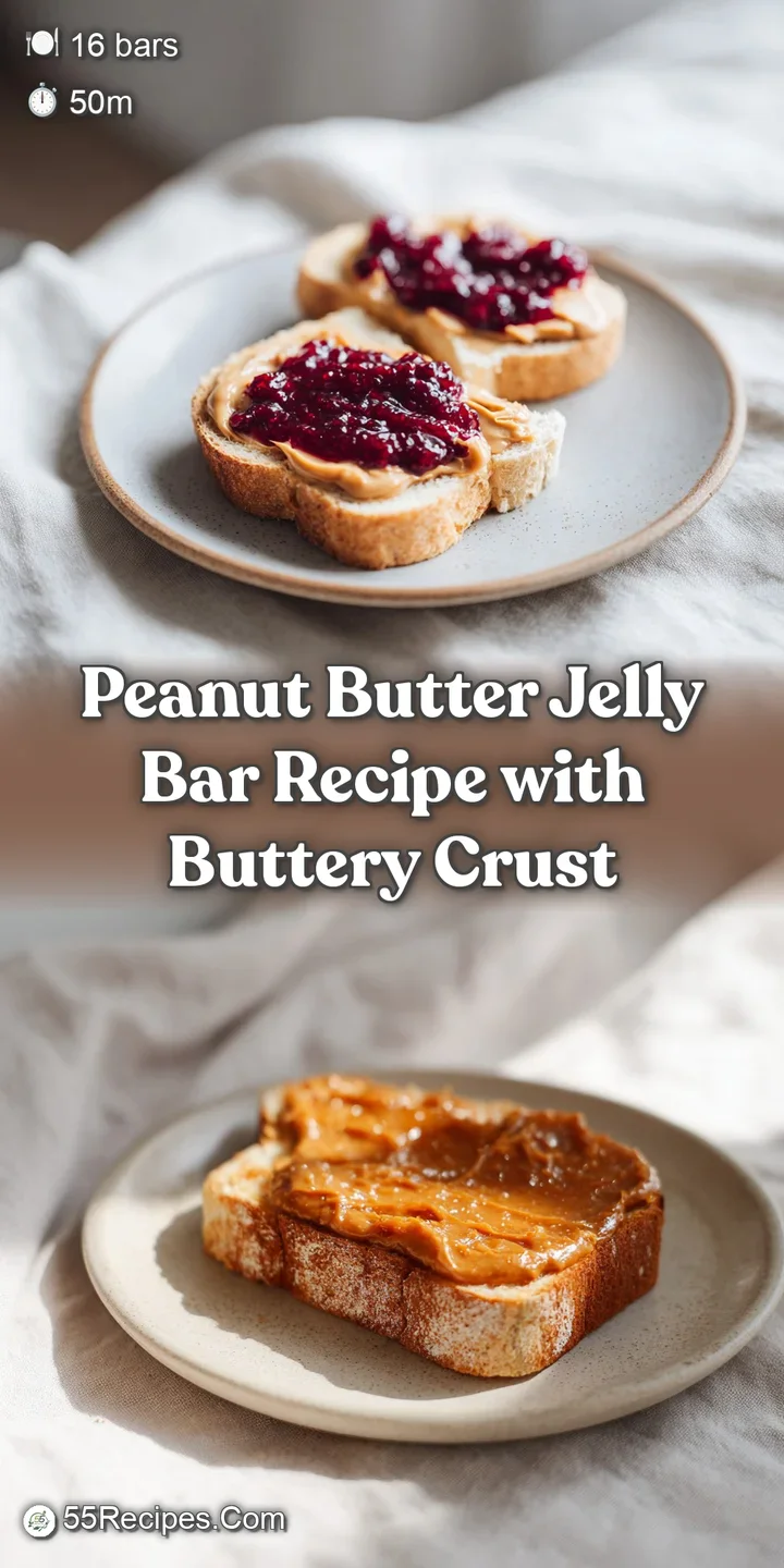 Close-up of a peanut butter jelly bar, highlighting the gooey texture and vibrant colors of the peanut butter and jelly.