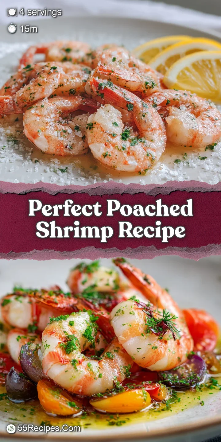 Close-up of succulent, plump poached shrimp with translucent flesh, speckled with herbs and glistening with flavorful poac...