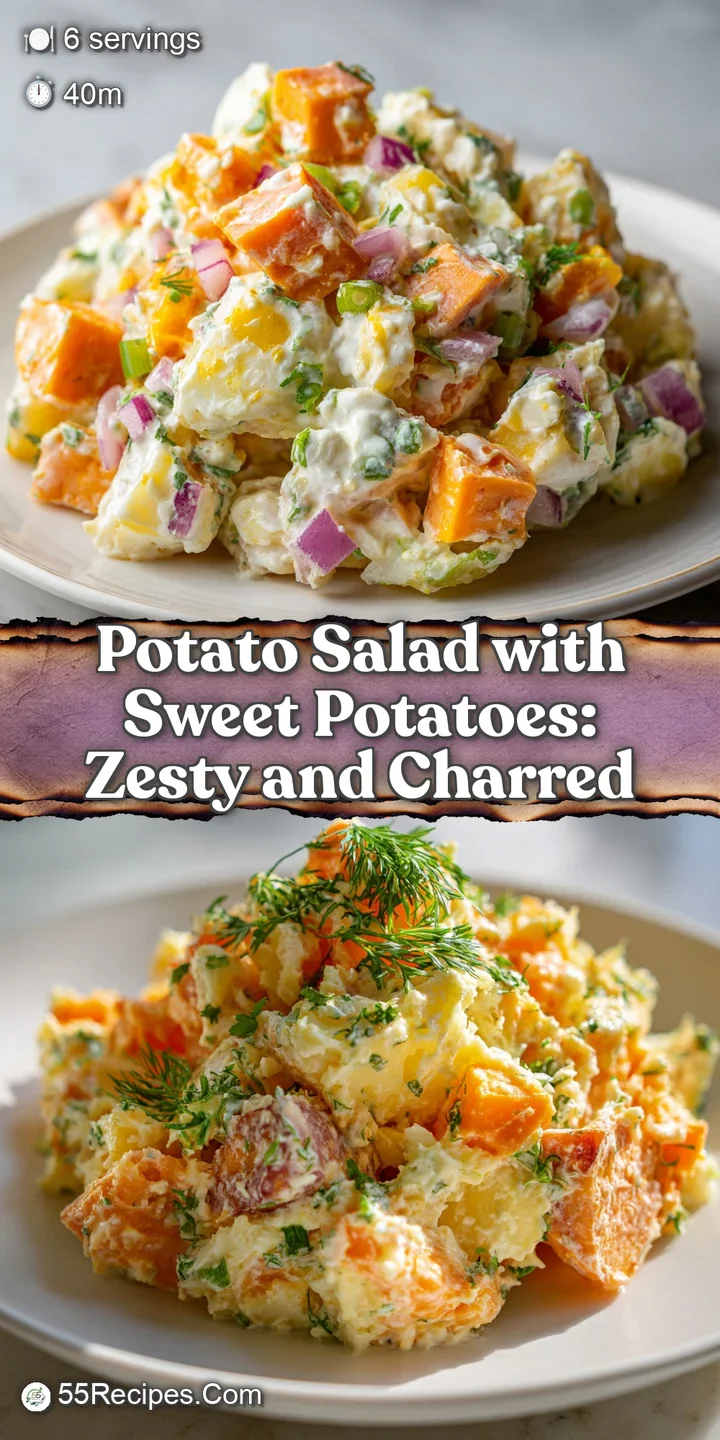 Close-up potato salad featuring tender potatoes, sweet potato cubes, and a creamy, herb-flecked dressing. Inviting and fresh.