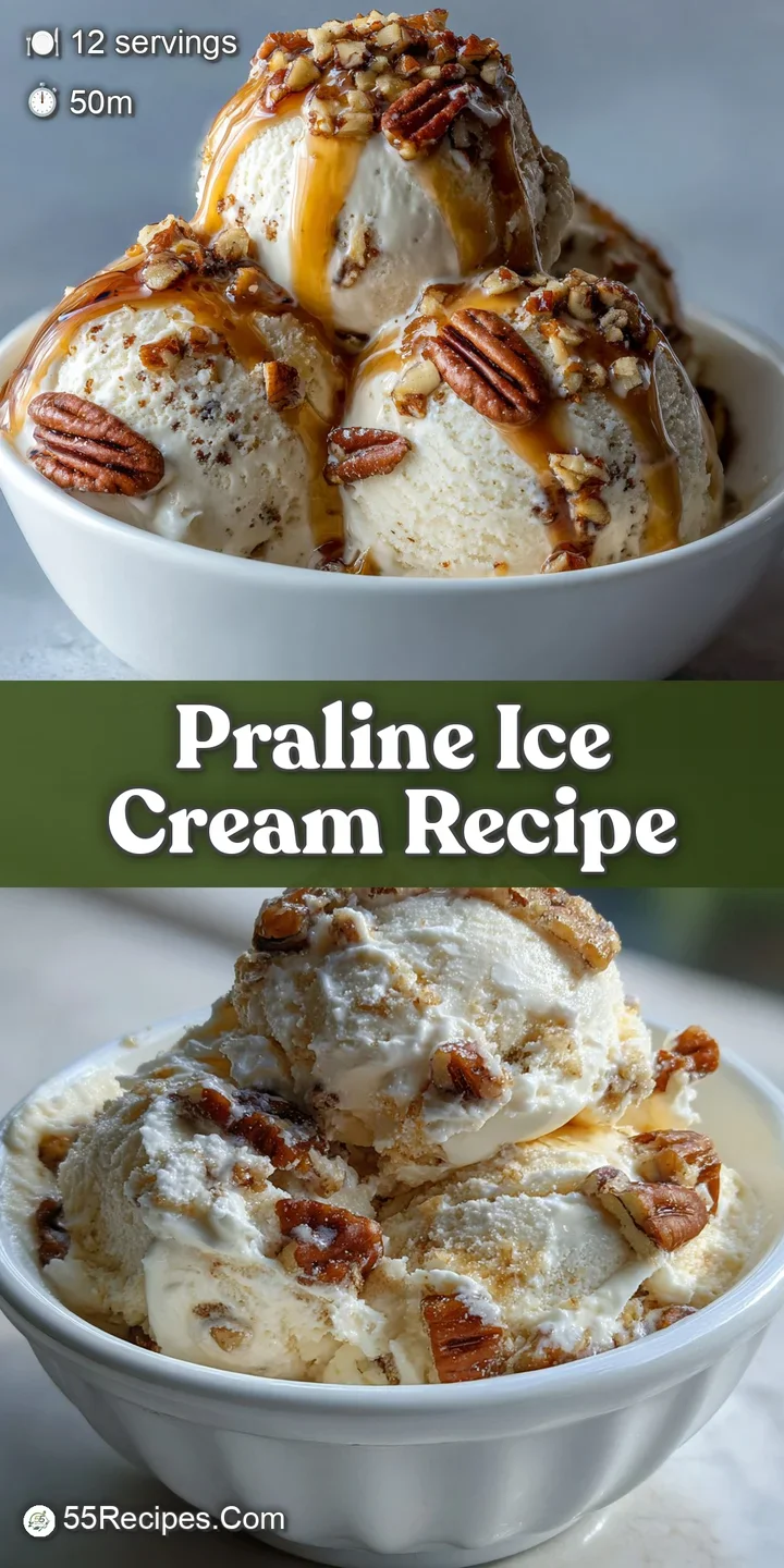 Close-up of praline ice cream showing the rich, creamy texture and bits of caramelized pecans throughout; slightly melting.