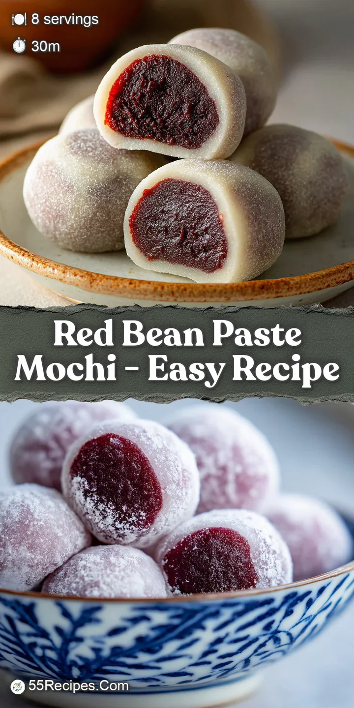 Close-up of a plump, tender mochi revealing its sweet red bean filling. A tempting glimpse of a classic Asian dessert.