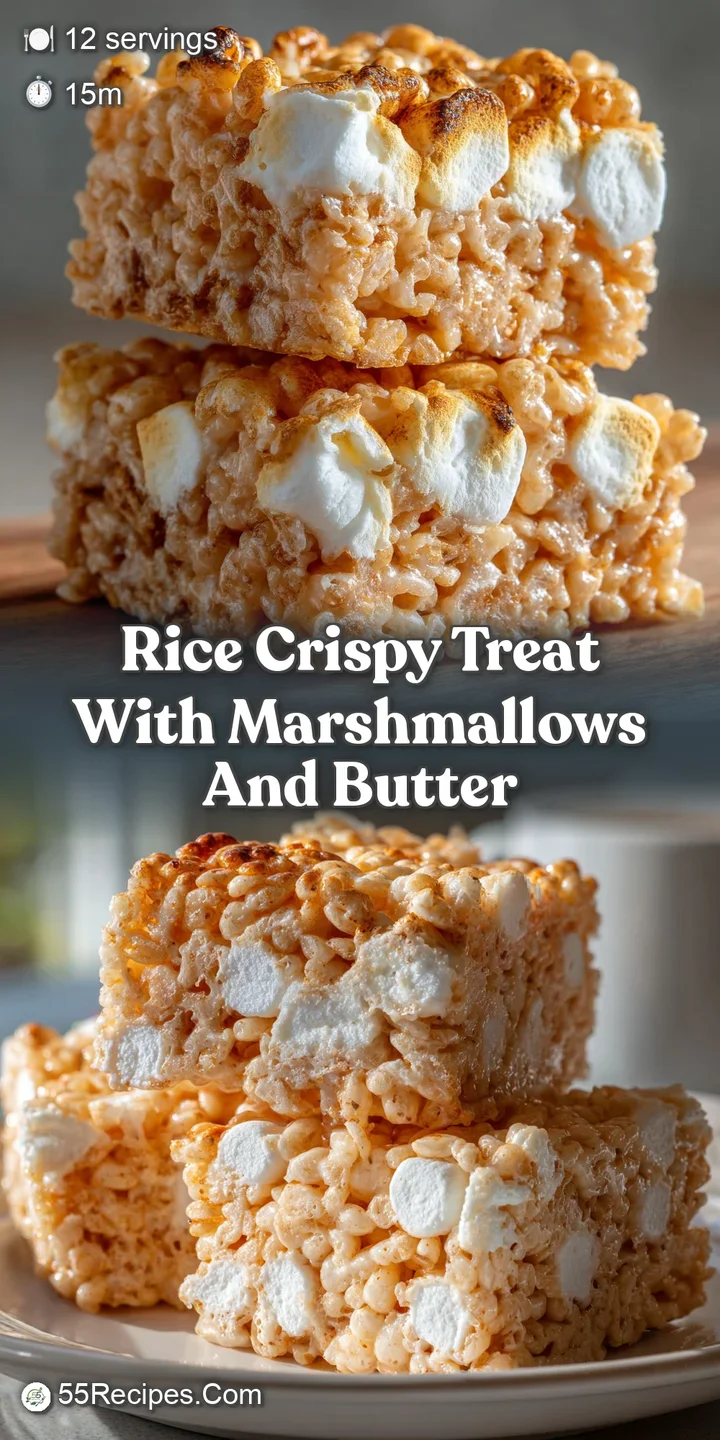Close-up of a chewy rice crispy treat, glistening with melted butter and marshmallows, showcasing the treat's soft, sticky...