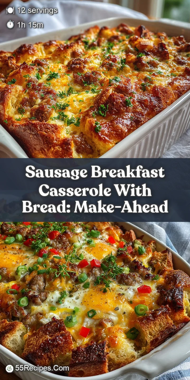 Close-up of a breakfast casserole, showing the moist interior, browned sausage, and golden bread. Hints of steam and fresh...