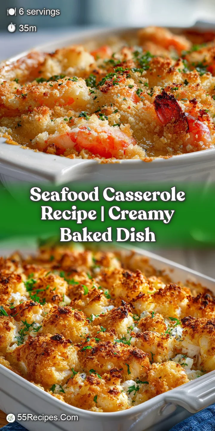 Close-up of a seafood casserole showcasing the creamy sauce, tender shrimp and scallops, and the browned, crisp breadcrumb...
