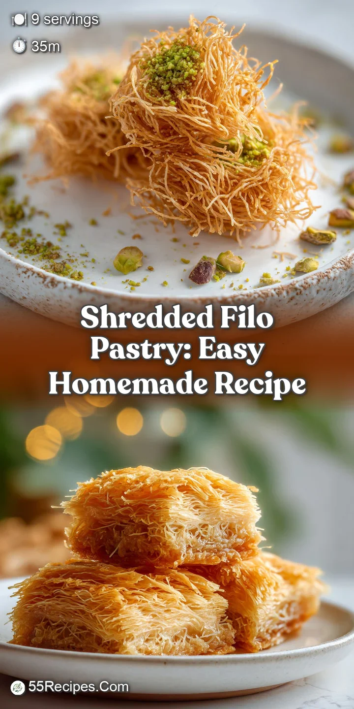 Up-close view of golden brown shredded filo pastry. Crispy, airy texture revealed in delicious detail. Warm and inviting b...