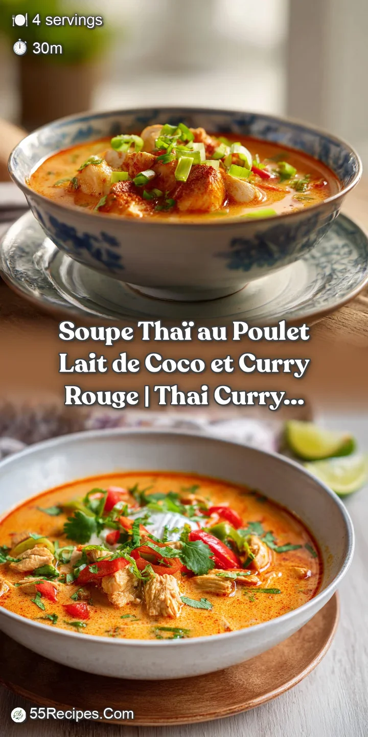 Close-up of steaming Thai chicken curry, showcasing creamy coconut milk, red chili flecks, and herbs.