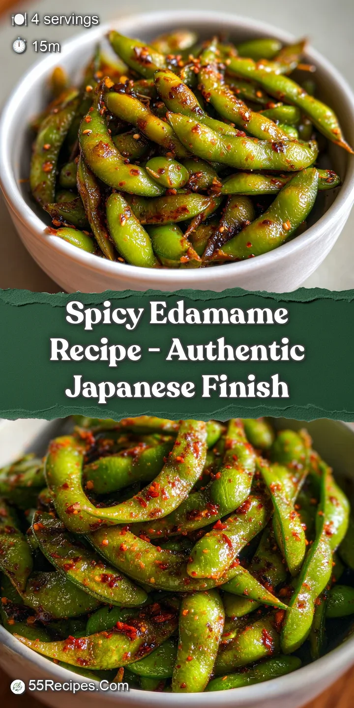 Close-up of bright green edamame pods coated in a rich, shiny red-orange sauce. A sprinkle of sesame seeds adds visual tex...