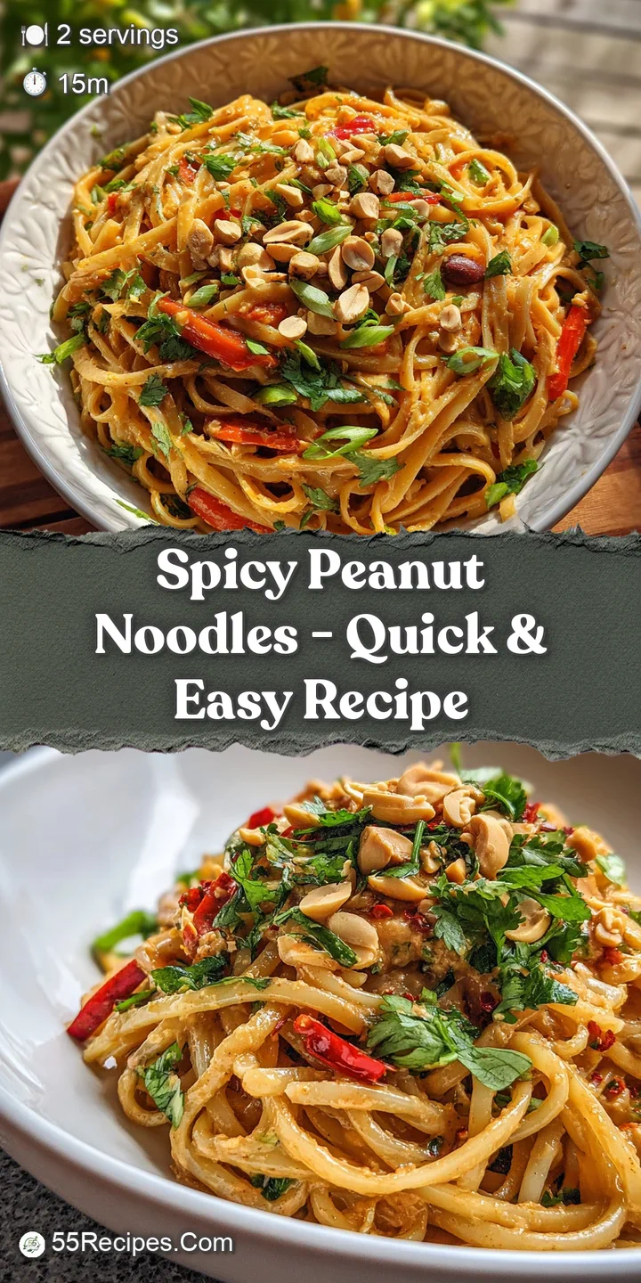 Close-up of glossy peanut noodles, the creamy sauce clinging to each strand, dotted with chili flakes and crunchy peanut p...