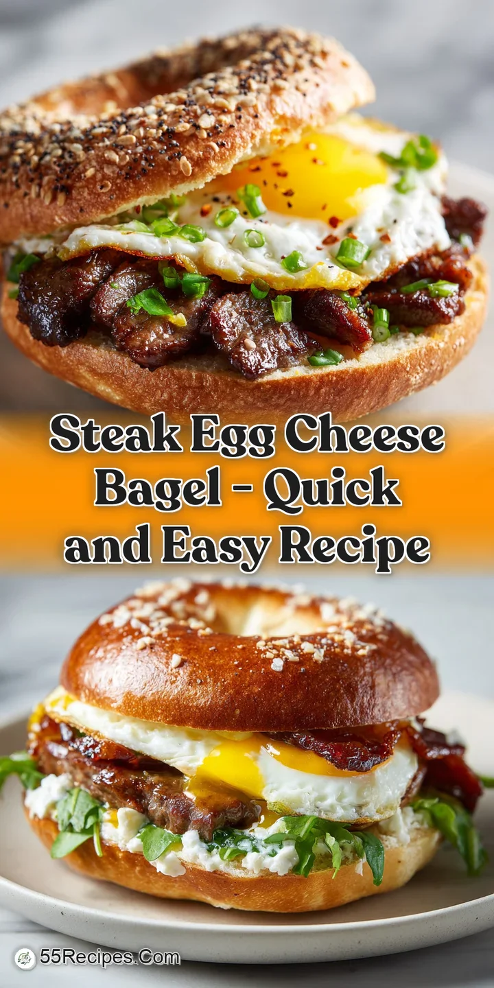 Close-up of a fluffy bagel, layered with seared steak, golden cheese, and a perfectly cooked fried egg.