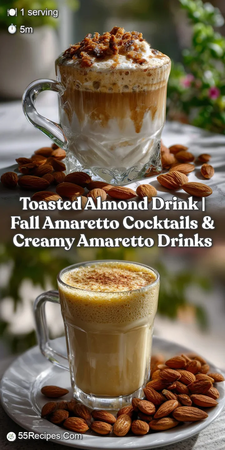 Close-up of a frothy, warm almond drink, showcasing the swirl of liquid and flecks of toasted almonds. Light reflects off ...