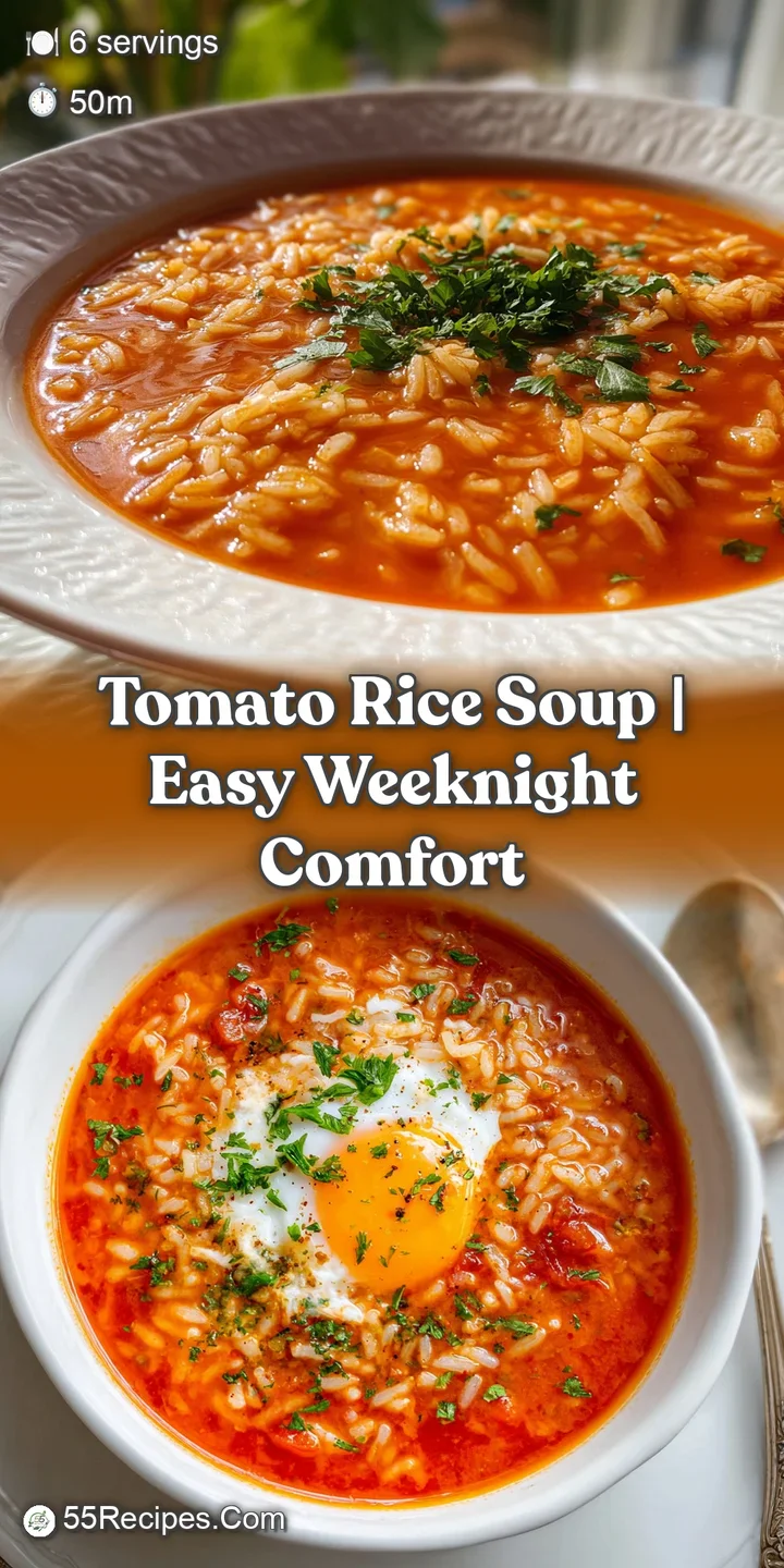 Close-up of tomato rice soup: Rich red broth with visible rice grains and flecks of fresh basil. Vapor rising from the war...