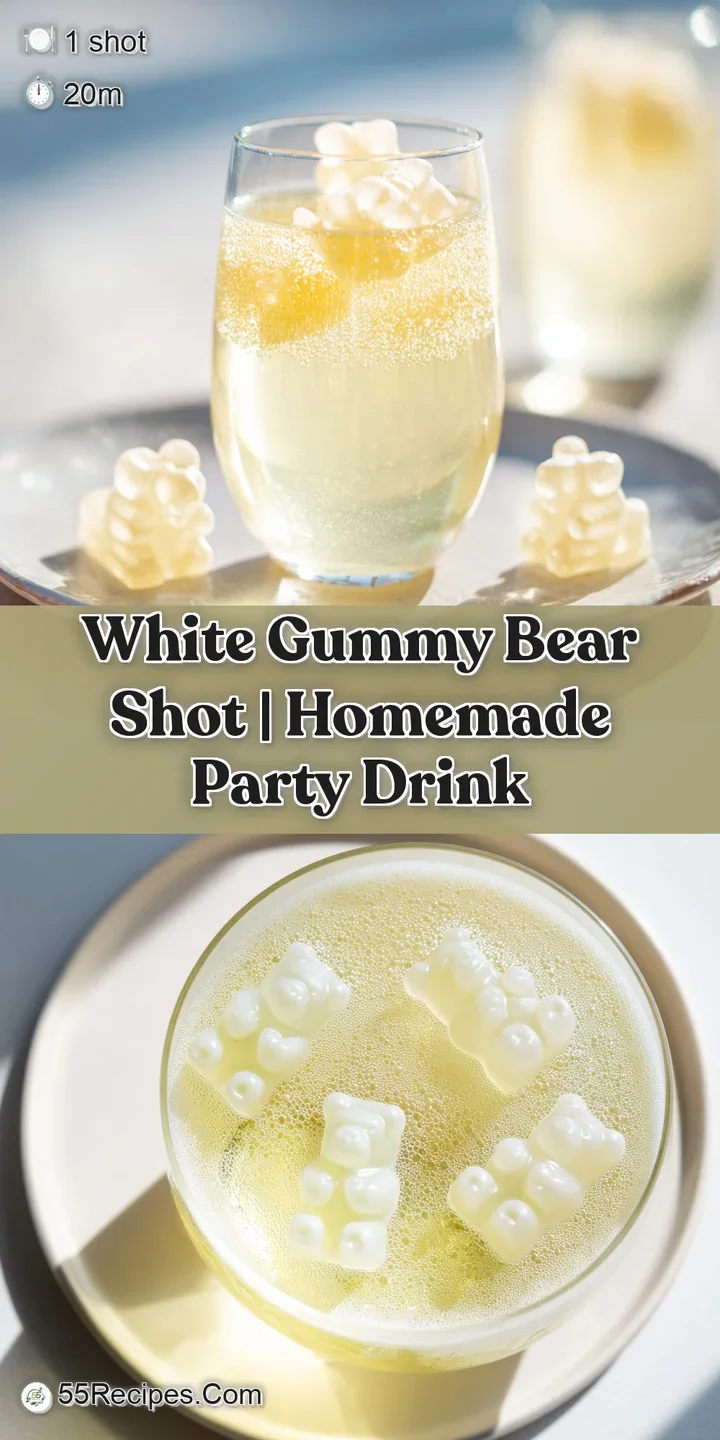 Close-up of a glossy white gummy bear partially submerged in a creamy, opaque liquid with soft lighting.