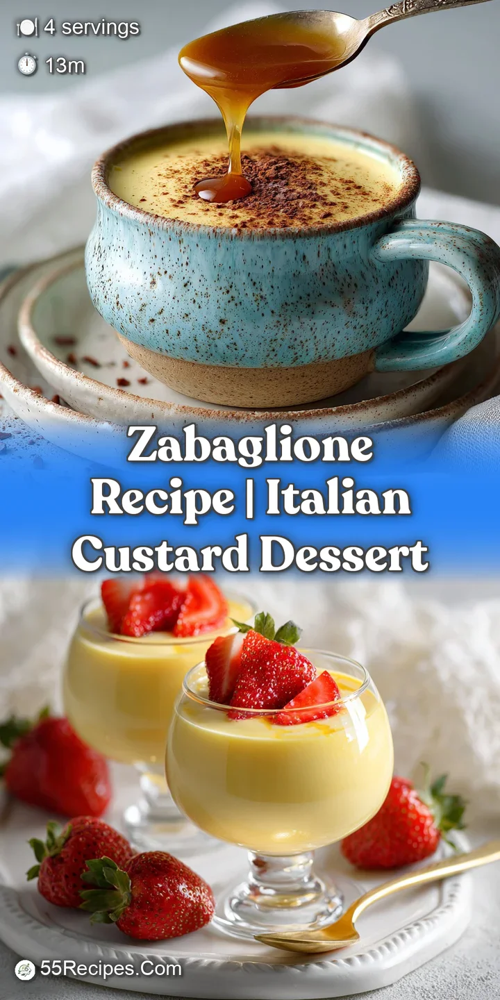 Close-up reveals the light, airy texture of zabaglione. Glossy, golden custard with a dusting of cocoa, inviting and decad...