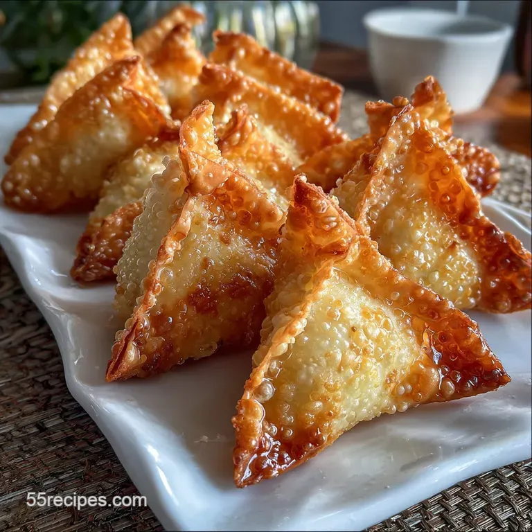 Crisp air fryer crab rangoon on a white plate, drizzled with vibrant red sweet chili sauce, sprinkled with green scallions.