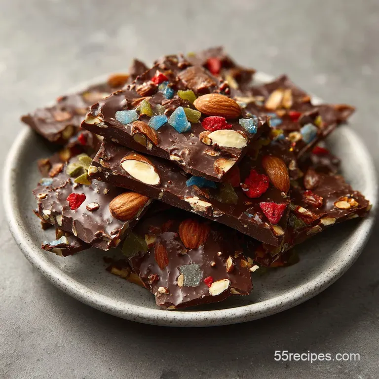 Elegant shards of almond chocolate bark artfully arranged on a white plate, dusted with cocoa powder. A glimpse of a linen...