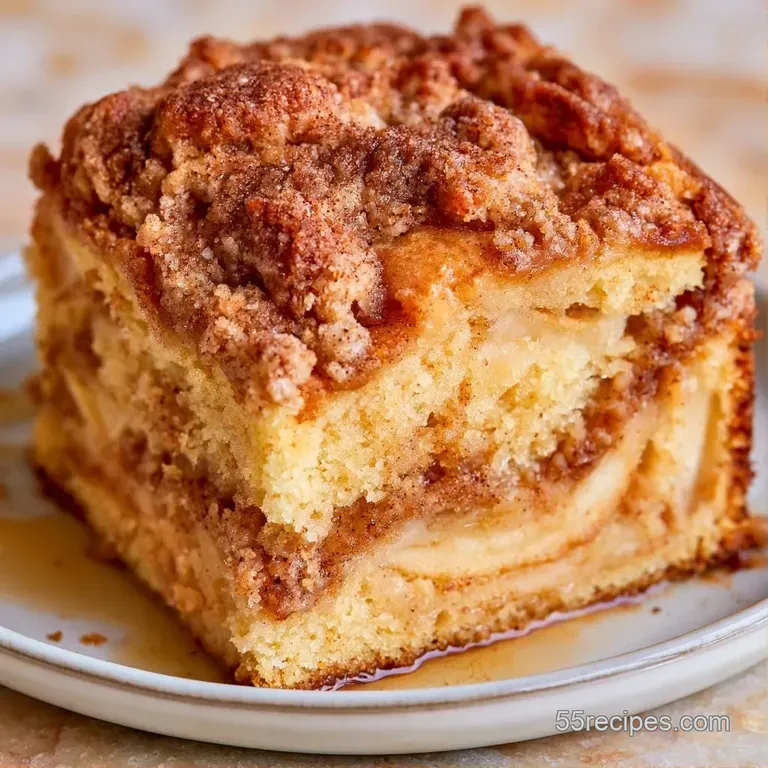 A golden-brown cake slice on a white ceramic plate, accented by a dusting of cinnamon and fresh coffee.