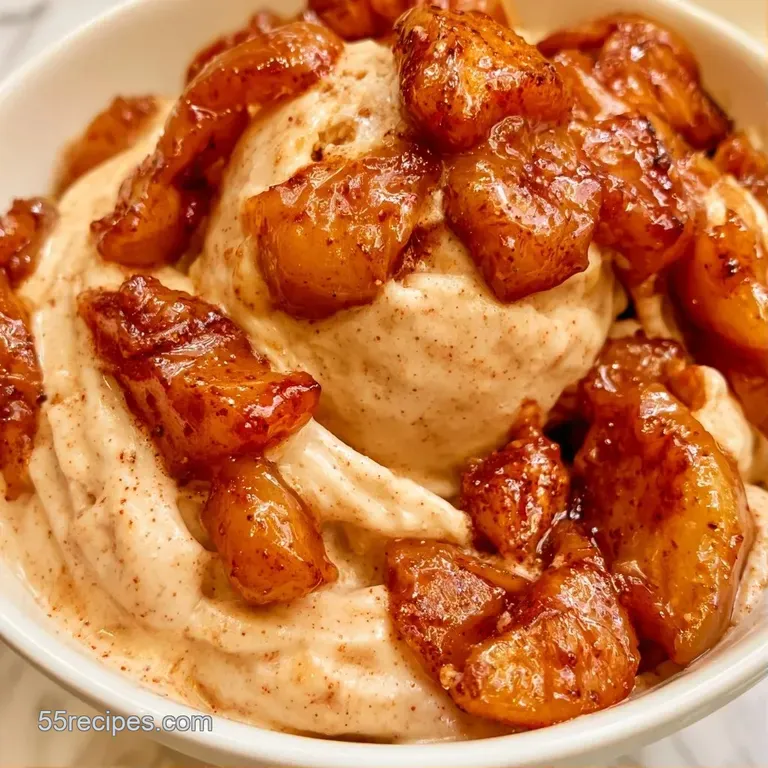 Two pale gold frozen scoops in a crystal coupe, garnished with a cinnamon stick and a thin, crisp apple slice.
