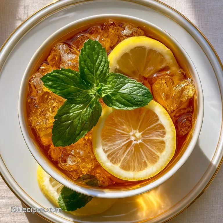 Four frosted glasses of golden-amber tea and lemonade with floating lemon slices and bright green mint sprigs.
