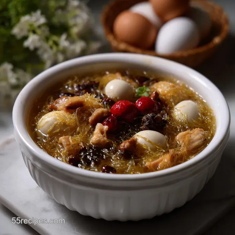 Elegant, clear broth served in a fine china bowl with a sprig of herb garnish. The light refracts, showing the soup's gent...