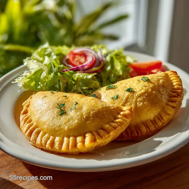 Golden empanadas arranged artfully on a white plate, with a vibrant salsa verde drizzle.