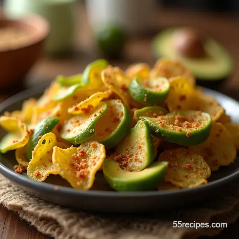 Crispy Green Gold Baked Avocado Chips with Zesty Lime Chili Dust presentation