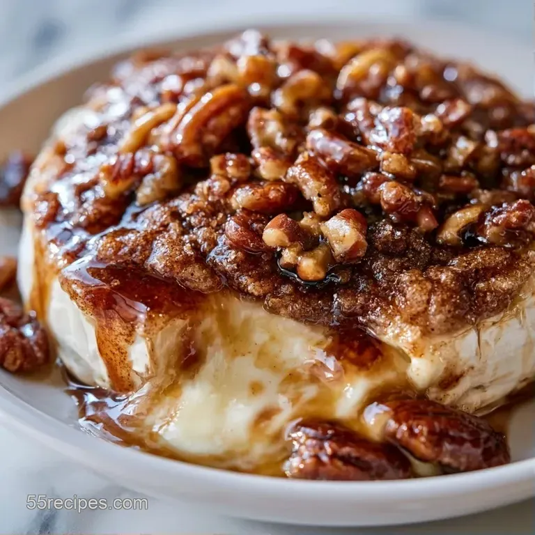 A golden wheel of melted cheese topped with toasted pecans, surrounded by crisp crackers and fresh apple slices.