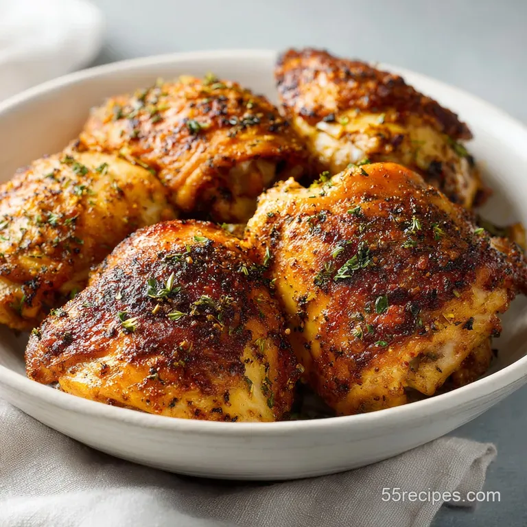 Juicy baked chicken thigh presented elegantly on a white plate, glistening with its own savory juices.