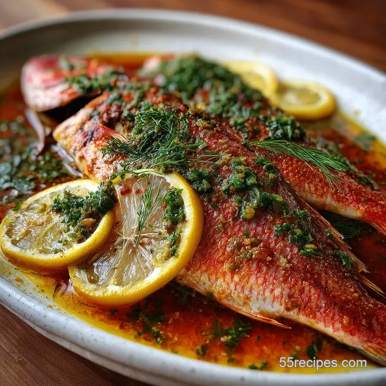 Flaky baked red snapper fillet elegantly plated. Lemon wedges, fresh herbs, & vibrant green vegetables complement the fish.