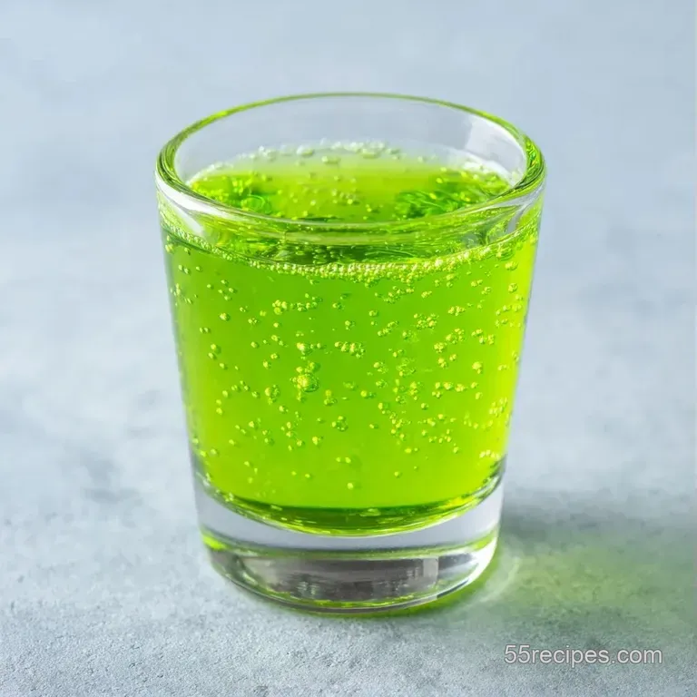 Three small glasses filled with bright green liquid and creamy foam, arranged neatly on a light wooden tray.