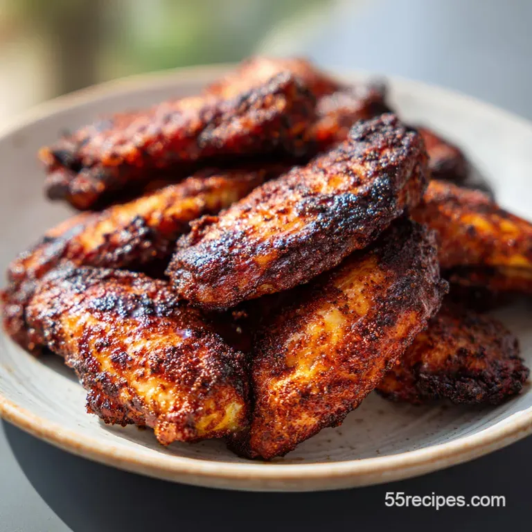 Blackened wings plated with creamy dip and bright celery sticks. Charred skin contrasts with cool, crisp freshness.