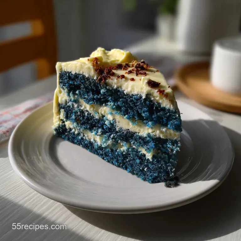 Elegant slice of blue velvet cake, swirled frosting, garnished with a single blueberry. Creamy texture contrasts with the ...