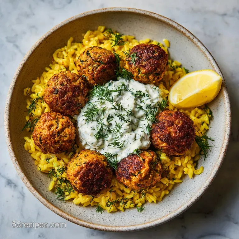 Boulettes Grecques et Orzo Citronn&eacute; avec Cr&egrave;me de Feta