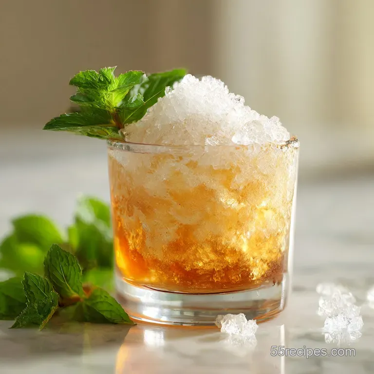 Elegant silver julep cup overflowing with a frosty bourbon cocktail, mint sprig and sugared rim add visual appeal, inviting.