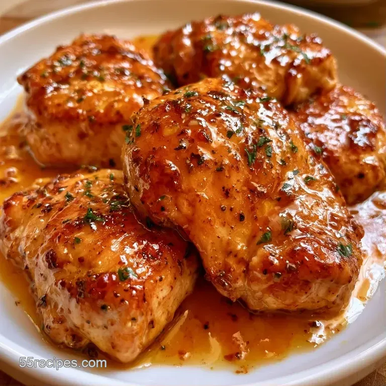 Elegant plate featuring golden-brown chicken over creamy mash, drizzled with a glossy sauce and fresh parsley.