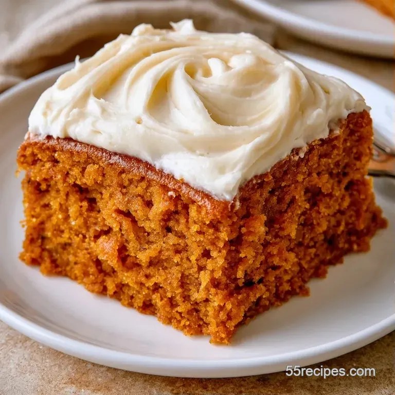 A slice of spiced orange cake with creamy white icing on a minimalist white plate, dusted with cinnamon powder.