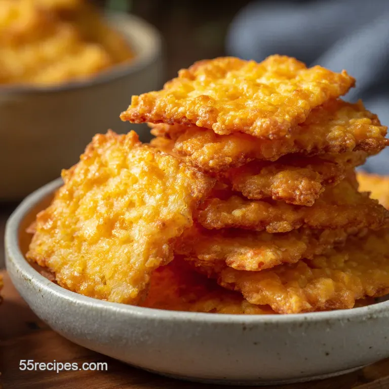 Stack of golden-brown cheese crackers on a rustic wooden board, paired with a wedge of sharp cheddar and sprigs of rosemary.