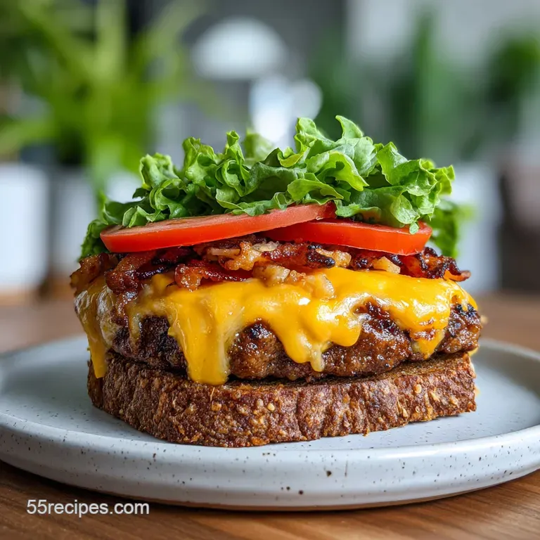 Cheeseburger meatloaf slice plated with crispy fries; molten cheddar hints at savory, juicy flavors.