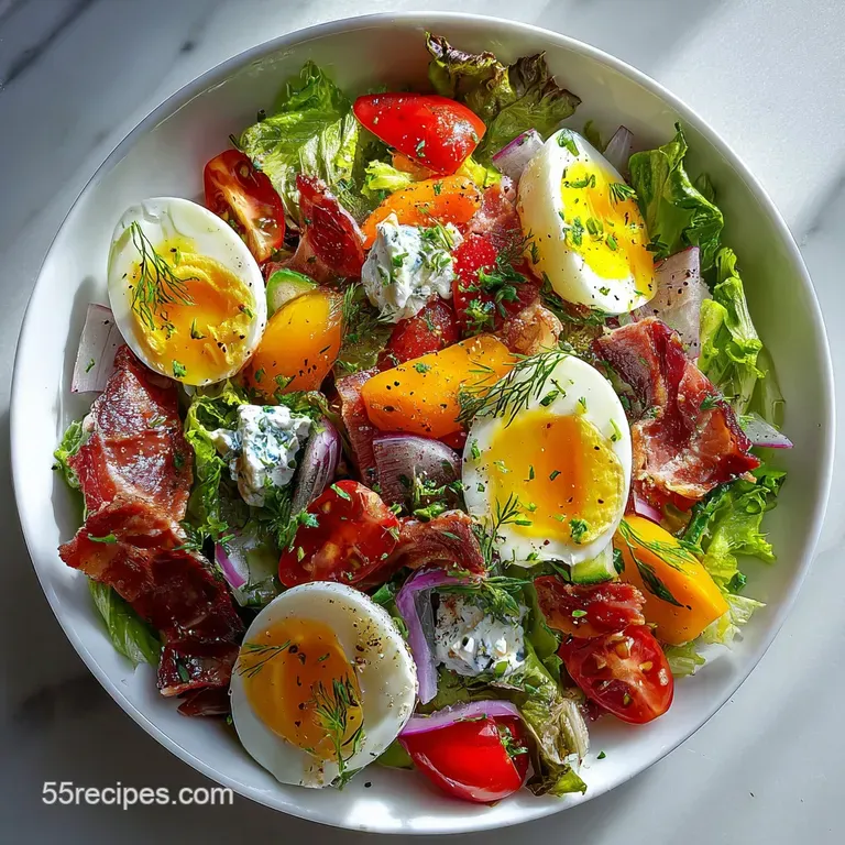 Artfully arranged chef salad with defined sections of greens, protein, and vegetables. A drizzle of dressing completes the...
